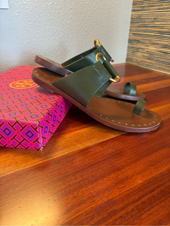 Tory Burch Shoes - Tory Burch Brannan Studded Sandals in Olive Green Leather with Gold Hardware